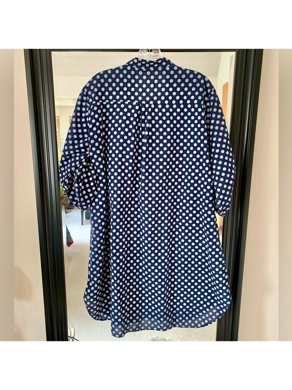 Navy Blue Lagenlook Polka Dot Button Down Tunic Shirt - Picture 2 of 4